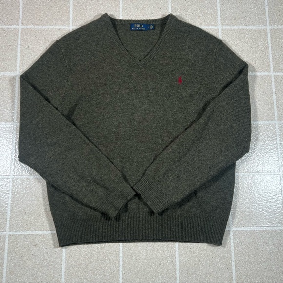 Polo‎ Ralph Lauren 100% Wool V Neck Pull Over Sweater Olive Green Men's L - Picture 1 of 6